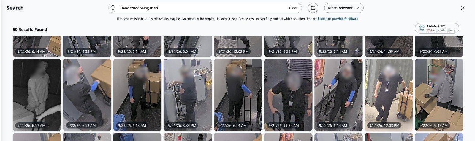 Verkada Command search results for the phrase hand truck being used, showing 50 matching clips across cameras