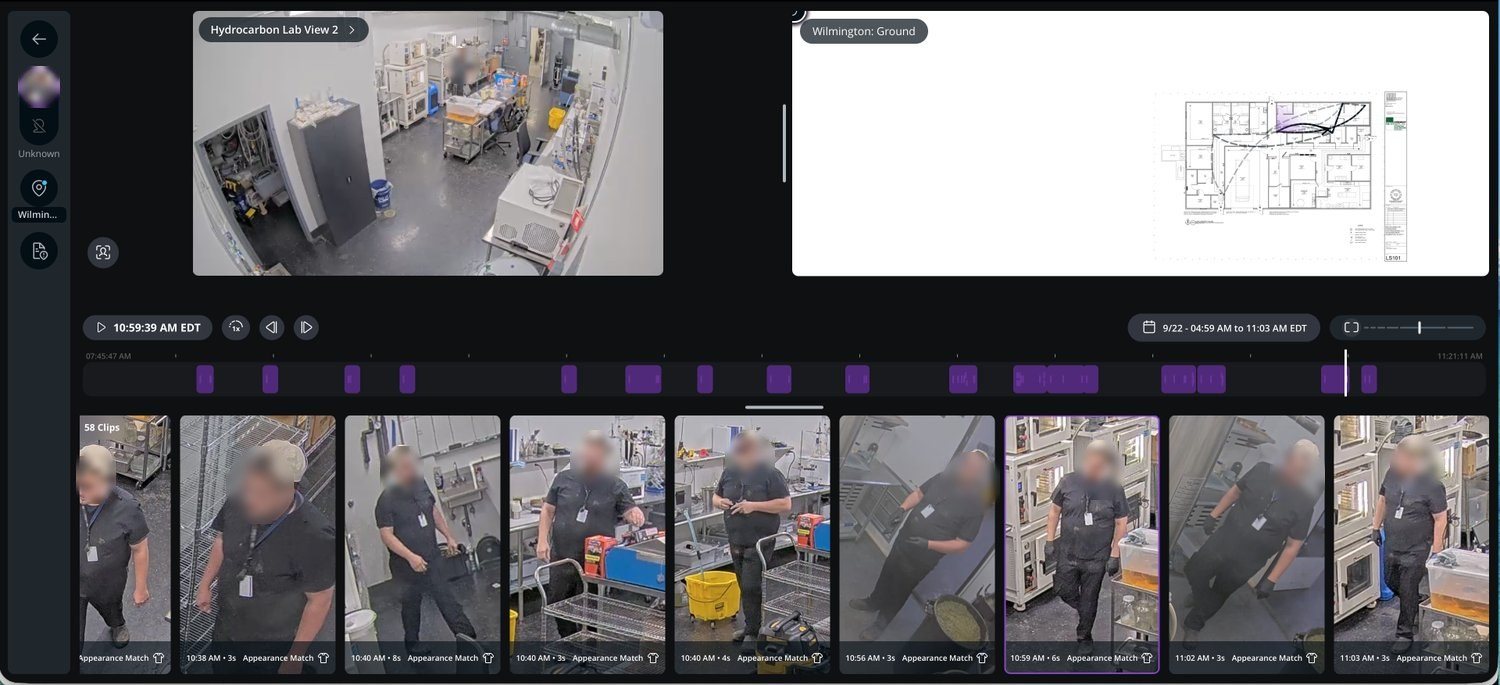 Verkada Unified Timeline showing 58 clips of one person across cameras with their route drawn on a floor plan
