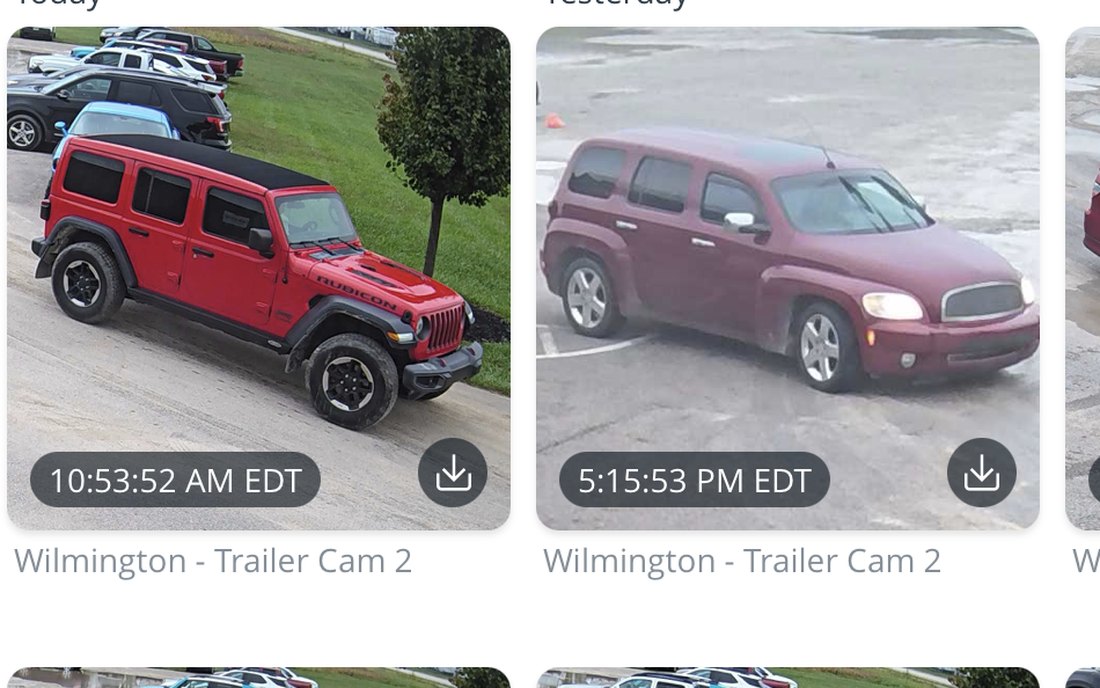 Vehicle search results filtered to red vehicles at a trailer camera